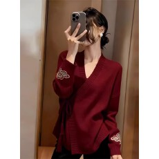 批发新年红色新中式国风毛衣女秋冬季慵懒风高级感宽松气质<b class='q'>打底</b>针织衫