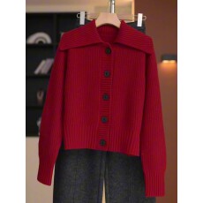 批发新年红纯色翻领针织开衫女2026春秋新款休闲简约宽松百搭毛衣<b class='q'>外套</b>