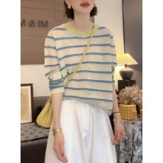 批发蓝色条纹针织t恤女2026新款春<b class='q'>夏季</b>防晒罩衫慵懒显瘦百搭薄款上衣