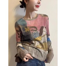 批发高级感卡通印花网纱长袖t恤女春夏2026新款防晒衣上衣打底衫修身