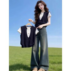 批发春夏胖MM大码<b class='q'>女</b>装假两件宽松显瘦短袖T恤2026新款薄款针织衫上衣