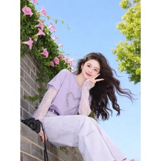 批发秋季紫色爱心烫片拼接网纱假两件长袖t恤女<b class='q'>韩版</b>宽松百搭圆领上衣