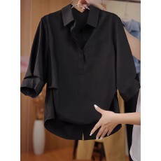 批发轻奢高级感黑色短袖T恤<b class='q'>衬衫</b>女款2026新款春夏季POLO翻领中袖上衣