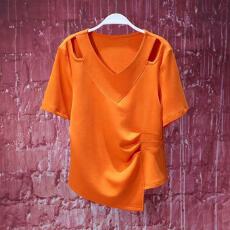 批发爱马橙V领时尚通勤<b class='q'>不规则</b>半袖上衣夏季时尚镂空褶皱束腰显瘦短袖