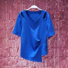 批发克莱因蓝V领镂空褶皱束腰显瘦短袖T恤夏季美式简约<b class='q'>不规则</b>半袖上衣