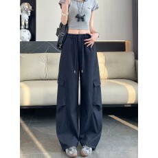 批发藏蓝色松紧腰抽绳阔腿裤2026春夏新款美式宽松女装休闲速干工装裤