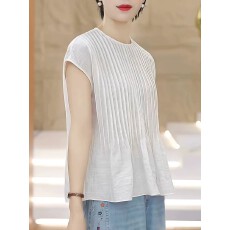 批发高档简约纯色短袖<b class='q'>衬衫</b>女装夏季褶皱<b class='q'>条纹</b>休闲百搭大码胖mm显瘦小衫