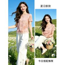 批发轻奢新中式气质女装百搭显瘦减龄衬衫上衣+透气<b class='q'>休闲</b>裤夏季两件套