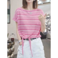批发高级感时尚条纹上衣复古五分<b class='q'>牛仔</b>裤女装套装夏季系带收腰短款上衣