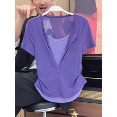批发温柔风夏季大码抽褶收腰显瘦假两件上女装圆领短袖气质百搭<b class='q'>打底衫</b>