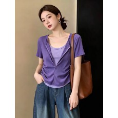 批发女士轻薄短袖假两件<b class='q'>打底衫</b>2026夏季新款抽褶收腰显瘦遮肚子上衣