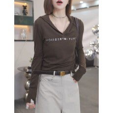 批发美拉德咖色连帽长袖t恤2026秋季新款帽衫上衣修身<b class='q'>打底衫</b>女装内搭