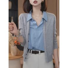 批发<b class='q'>假两件</b>翻领长袖针织开衫女秋季撞色毛衣2026新款减龄显瘦气质上衣