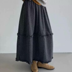 批发2025秋季新款设计感小众复古格子花苞半身裙女<b class='q'>百搭</b>休闲中长a字裙