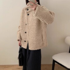 批发复古风单排扣百搭圈圈毛羊羔毛外套女2025冬季新款立领<b class='q'>中长款</b>上衣