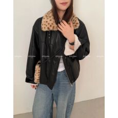 批发冬季加绒加厚豹纹立领保暖机车皮衣外套女配包包冬季新款帅气上衣
