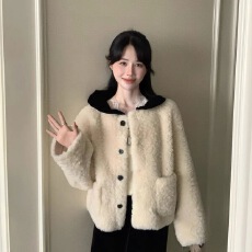 批发丝绒娃娃领羊羔毛外套女短款2025冬季新款撞色荷叶边羽绒内胆上衣