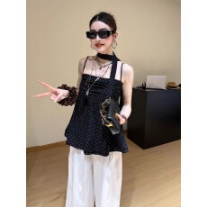 批发法式复古褶皱收腰无袖波点背心女2025夏季新款超好看性感吊带上衣