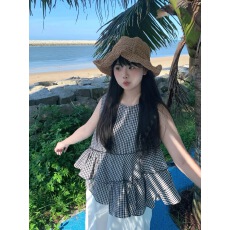 批发荷叶边格子<b class='q'>无袖</b><b class='q'>背心裙</b>女宽松显瘦上衣