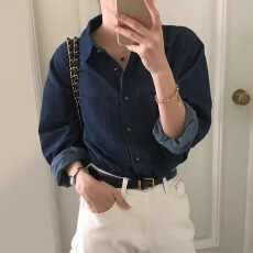 批发韩国chic春季复古百搭翻领撞色明线设计双口袋宽松长袖<b class='q'>牛仔</b>衬衫女