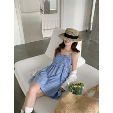 批发蓝色<b class='q'>格</b>子吊带<b class='q'>连衣裙</b>女2026夏季新款韩版小个子超好看气质抹胸短裙