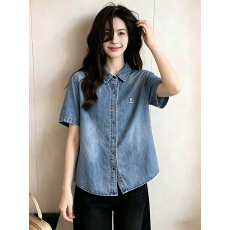 批发2026夏季新款复古小狗刺绣休闲宽松百搭显瘦短袖<b class='q'>牛仔</b>衬衫上衣女潮