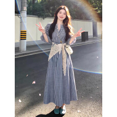批发清纯白月光甜美风蓝色<b class='q'>格</b>子<b class='q'>连衣裙</b>女夏日系简约学院风小个子仙女裙