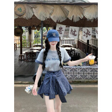 批发字母印花短袖T恤辣妹格子不规则半身裙裤2025夏季新款时尚套<b class='q'>装</b>女