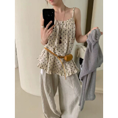 度假风波点手工编织吊带背心女夏季新款宽松荷叶边显瘦百搭上衣