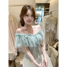 批发法式复古甜心风<b class='q'>蕾丝</b>花边一字肩上衣女夏季荷叶边气质小衫仙气<b class='q'>罩衫</b>