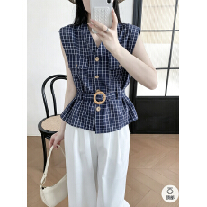 批发轻熟风韩系穿搭气质复古无袖<b class='q'>格子衬衫</b><b class='q'>女装</b>夏季新款设计感v领上衣