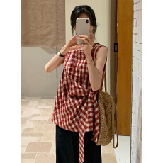 批发法式复古红色扭结绑带无袖<b class='q'>格子衬衫</b>女2026夏季新款设计感背心上衣