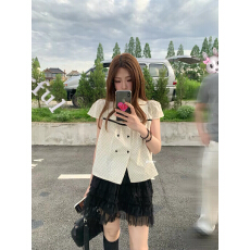 批发OneMinute 双排扣娃娃领小波点短袖衬衫女夏季宽松休闲显瘦上衣