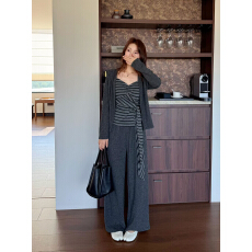 批发秋新款慵懒风三件套女条纹<b class='q'>背心</b>宽松开衫显瘦垂感阔腿长裤套装