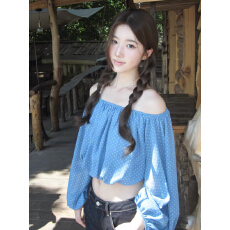 批发法式蓝色波点一字肩<b class='q'>长袖</b><b class='q'>衬衫</b>女夏季别致短款收腰宽松纯欲露肩上衣