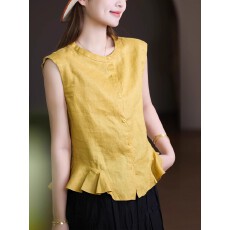 批发别致下摆荷叶花边<b class='q'>衬衫</b>女夏季<b class='q'>休闲</b>甜美风超好看无袖背心上衣薄复古