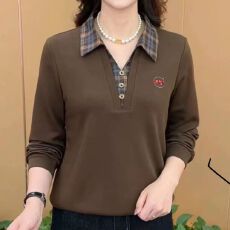 批发爆款高档女秋装长袖假两件上衣翻领休闲格子拼接衬衫中年打底衫