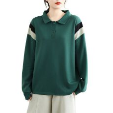 批发实拍 珠地棉POLO衫卫衣加厚大码<b class='q'>女装</b>秋冬新款拼接百搭翻领上衣