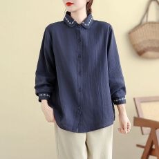 批发实拍 双层棉纱领口刺绣大码长袖衬衫<b class='q'>秋</b>冬百搭宽松休闲纯棉衬衣