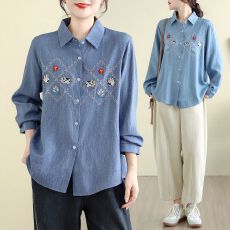 批发实拍 胖M大码女装刺绣牛仔衬衫<b class='q'>秋</b>冬新款复古百搭宽松高级长袖衬衣