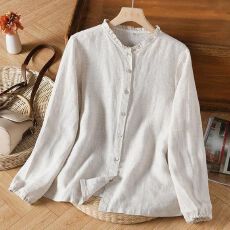 批发复古文艺棉麻长袖衬衫女装春<b class='q'>秋</b>新款花边领口开衫宽松遮肉纯棉上衣