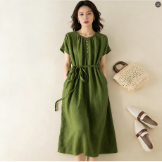 批发夏季新款百搭中长款森系清新绿色棉麻连衣裙口袋设计系带短袖裙子