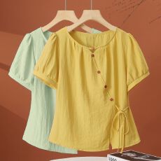 批发不规则短袖<b class='q'>衬衫</b>女夏季大码洋气小衫减龄<b class='q'>时尚</b>收腰<b class='q'>T</b><b class='q'>恤</b>上衣潮