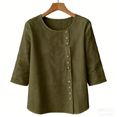 批发2026森系亚麻圆领上衣 宽松显瘦军绿色中袖棉麻<b class='q'>衬衫</b>女