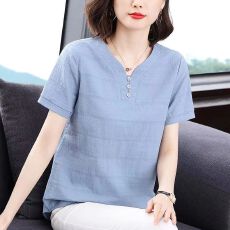 批发短袖T恤棉麻夏装2026新款纯棉洋气小衫<b class='q'>中老年</b>人大码V领上衣