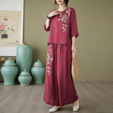 批发夏季棉麻复古麻料<b class='q'>衬衫</b><b class='q'>刺绣</b>套头轻薄阔腿上衣裤显套装两件两件套