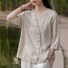 批发夏季新款V领百搭开衫宽松显瘦女<b class='q'>文艺</b><b class='q'>复古</b>简约风棉麻短袖衬衫上衣