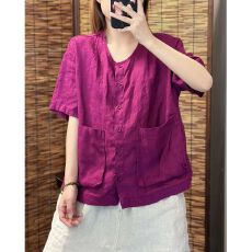 批发<b class='q'>文艺</b><b class='q'>复古</b>简约风棉麻短袖衬衫上衣夏季新款口袋设计开衫宽松显瘦女