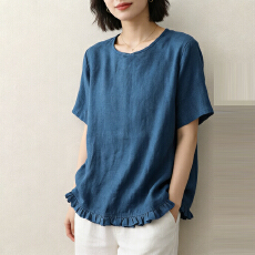 批发<b class='q'>文艺</b><b class='q'>复古</b>气质棉麻短袖上衣夏季新款百搭宽松休闲镂空花边棉款T恤