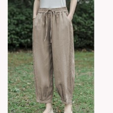 批发春夏季新款纯棉<b class='q'>文艺</b><b class='q'>复古</b>休闲裤显瘦棉麻花边拼接九分休闲哈伦裤女